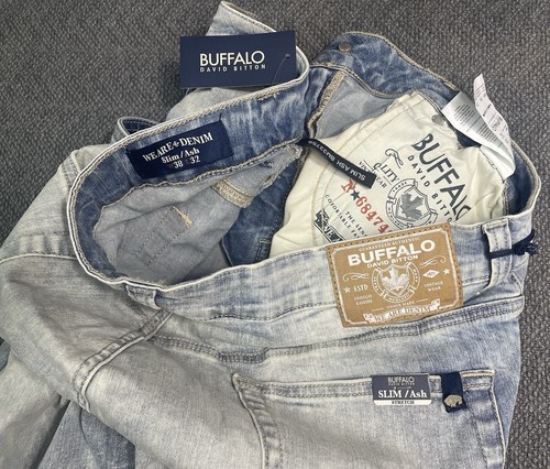 Pantalones de mezclilla Buffalo David Bitton ajustados ceniza arrugados y usados BM22756 para hombre 38x32 nuevos con etiquetas - Imagen 9 de 13