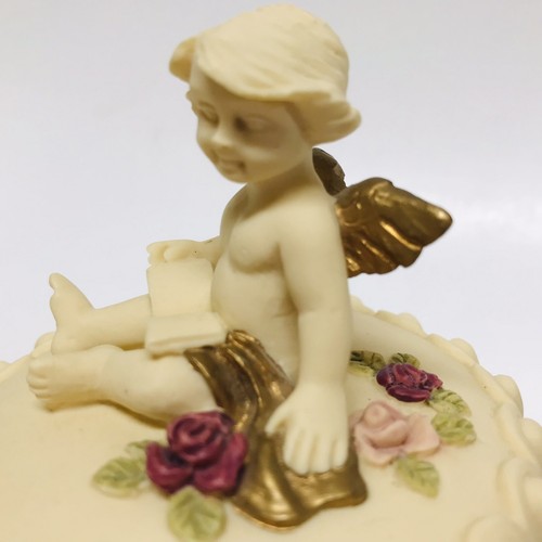 Caja Baratija Dezine Querubín Floral Acento Dorado Redonda Pintada a Mano 1993 Regalo - Imagen 7 de 10