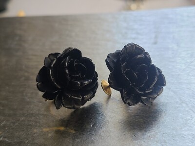 Vintage  Accessocraft NYC Carved Resin Black Rose Earrings Gold Tone