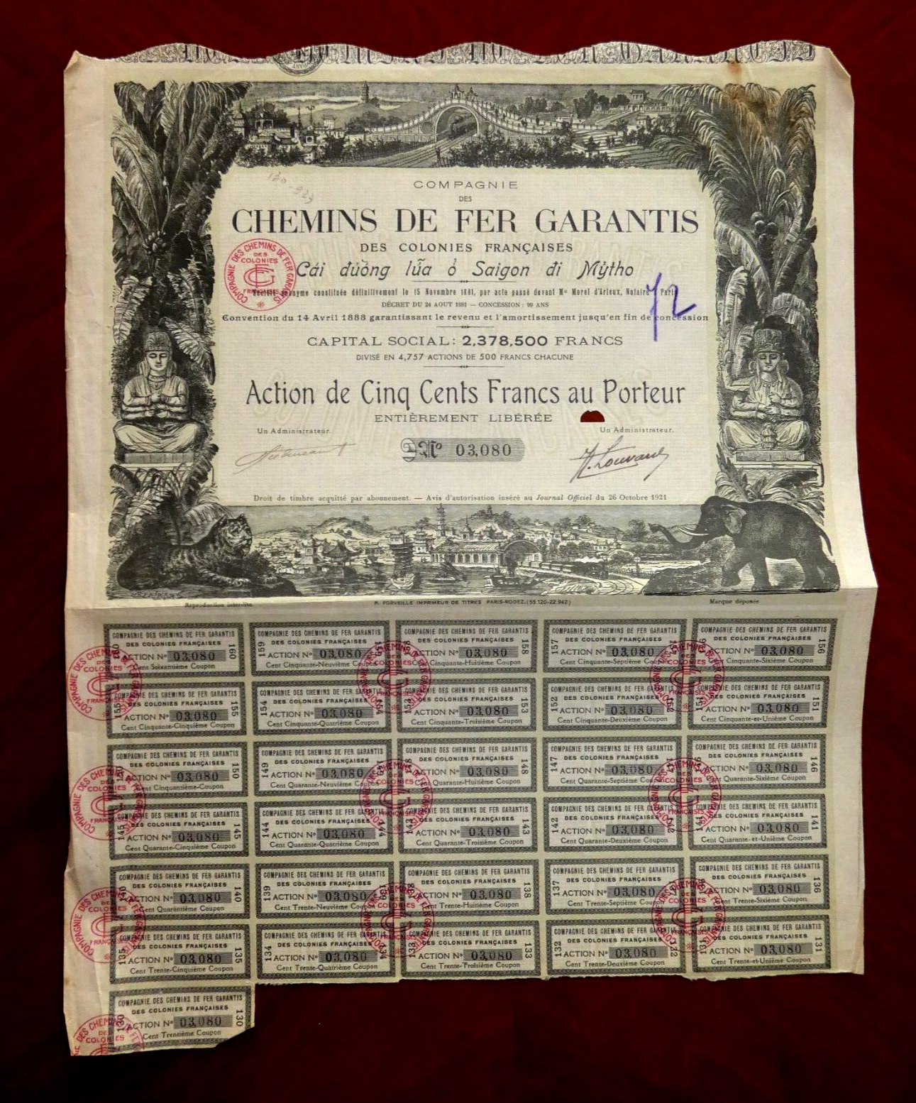 1921 French Colonies Guaranteed Railways 500 Fr Share Certificate