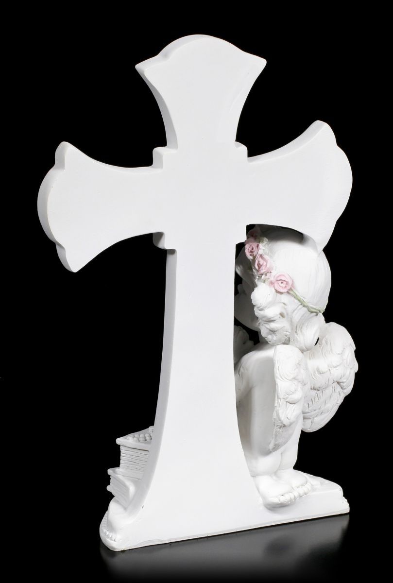 White Cherub Figurine Before Cross Praying Angel Cherub Decorative
