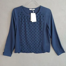 FRNCH Women's Long Sleeve Split Back Blouse Size M Blue Polka Dot Sheer NWT