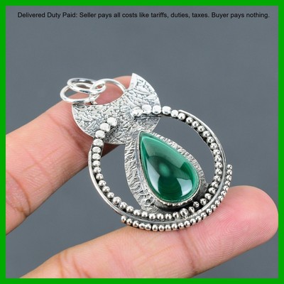 Pear Russian Malachite Gemstone Ethnic Unique Trendy Pendant Jewelry 925 Silver