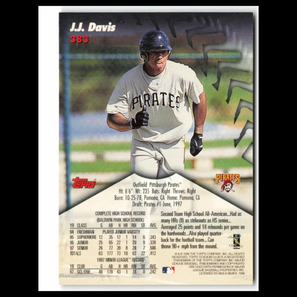 J.J. Davis Rookie #383 1998 Topps Stadium Club Pittsburgh Pirates Baseball Card - Image 2 of 3