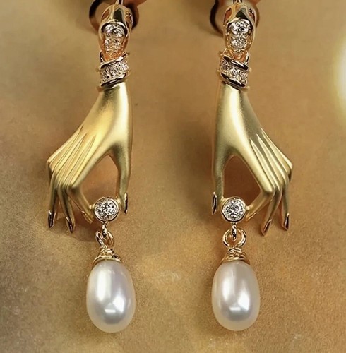 VTG Museum Nouveau Hand Earrings Gold Silver Pearl CZ Stud Vintage Style - Picture 3 of 7