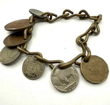 Atq VTG WWII Trench Art Buffalo Nickel British Canada Coins Bracelet Chain J37