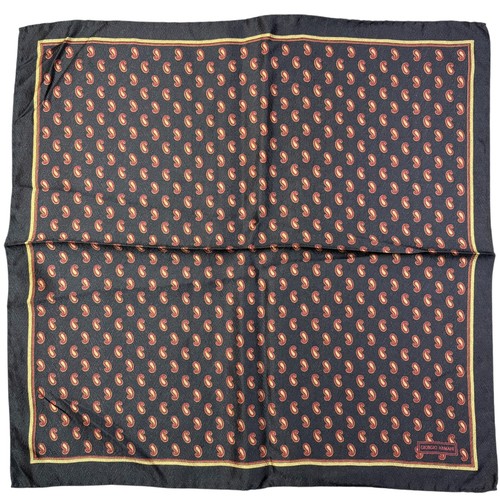 Giorgio Armani Silk Pocket Square Black Red Gold Paisley Made in Italy 17.5"