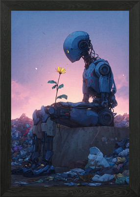 Roboter mit Blume im Ödland gerahmtes Wandbild Poster Leinwanddruck Bild