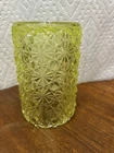 Vintage Fenton LG Wright Glass Daisy & Button Yellow Vaseline Pickle Jar Vase
