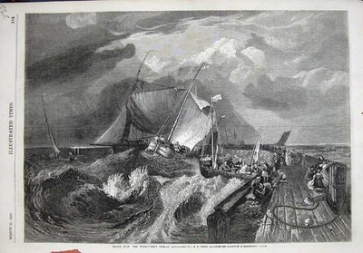 Original Old Antique Print 1857 Fine Art Calais Pier France Packet Boat Sailing