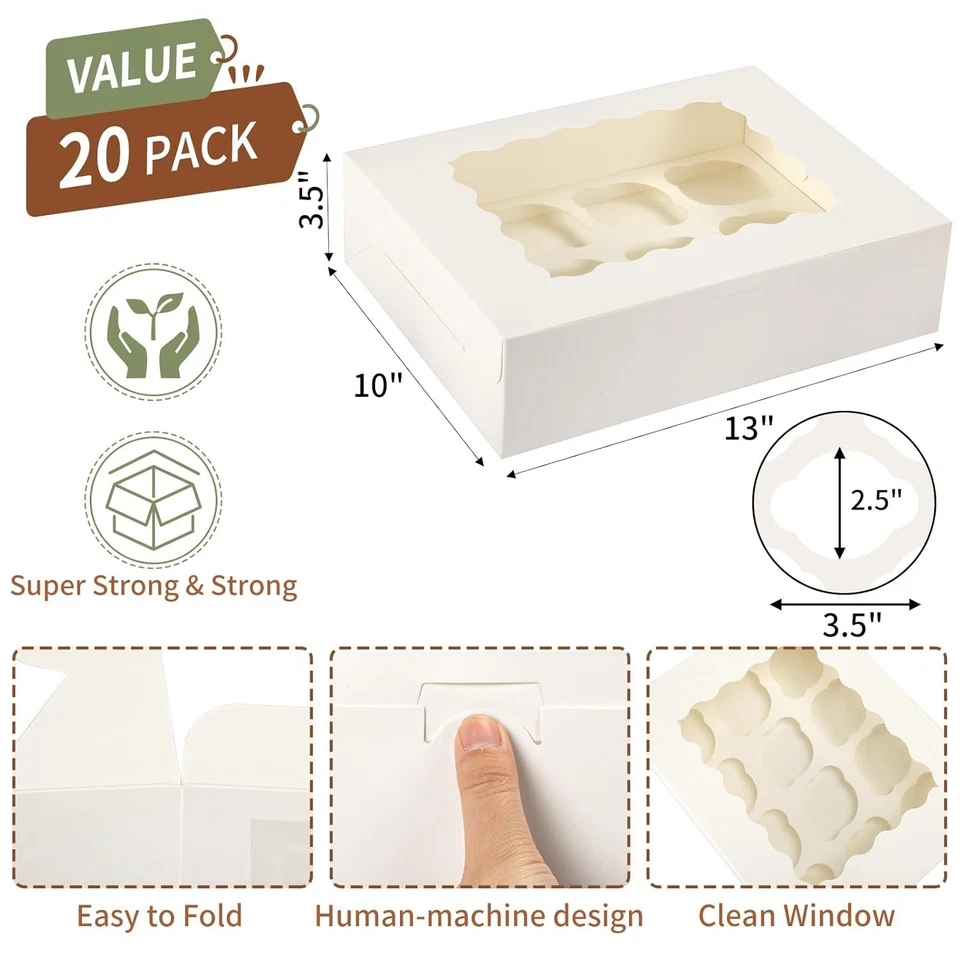 20pcs 13x10x3.5 Inch White Cupcake Boxes with Windows, Inserts for Muffins - Image 2 of 4
