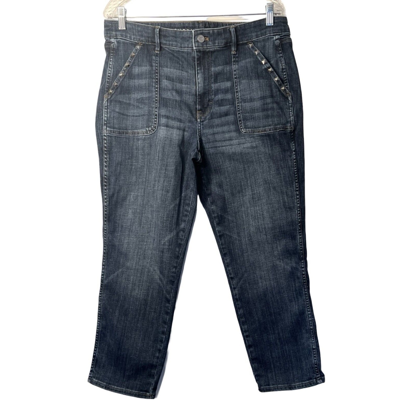 WHITE HOUSE BLACK MARKET Womens Jeans Size 14 Blue Straight Crop Pockets Studs