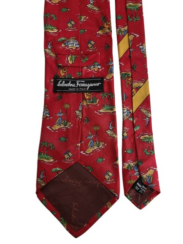 13A) SALVATORE FERRAGAMO RED ISLAND, MONKEY PRINT 100% SILKTIE MADE IN ITALY - Picture 3 of 6