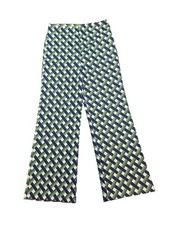 Vintage Geometric Print Wide Leg Pants High Rise Retro Blue Green 29.5 Waist