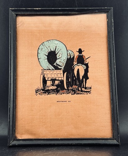 Vintage Kupfer Radierung "Westward Ho" gerahmt Cowboy Western Wagen 8" x 6"