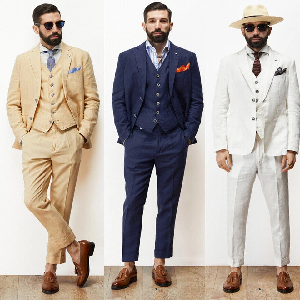 Linen Men's Suits 3 Pieces Leisure Peak Lapel Summer Wedding Tailored Tuxedos - Image 2 of 4