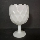 Vintage White Milk Glass Pedestal Goblet Vase Scalloped Edge Diamond Pattern