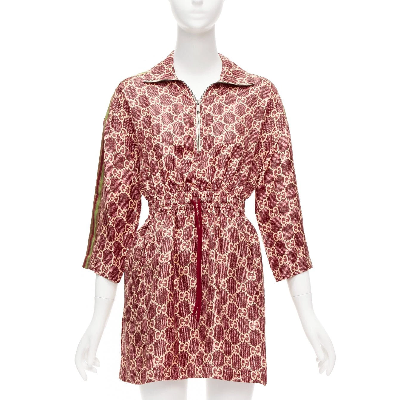 Mini robe GUCCI 100% soie rouge beige GG suprême imprimé monogramme bordure toile XXS