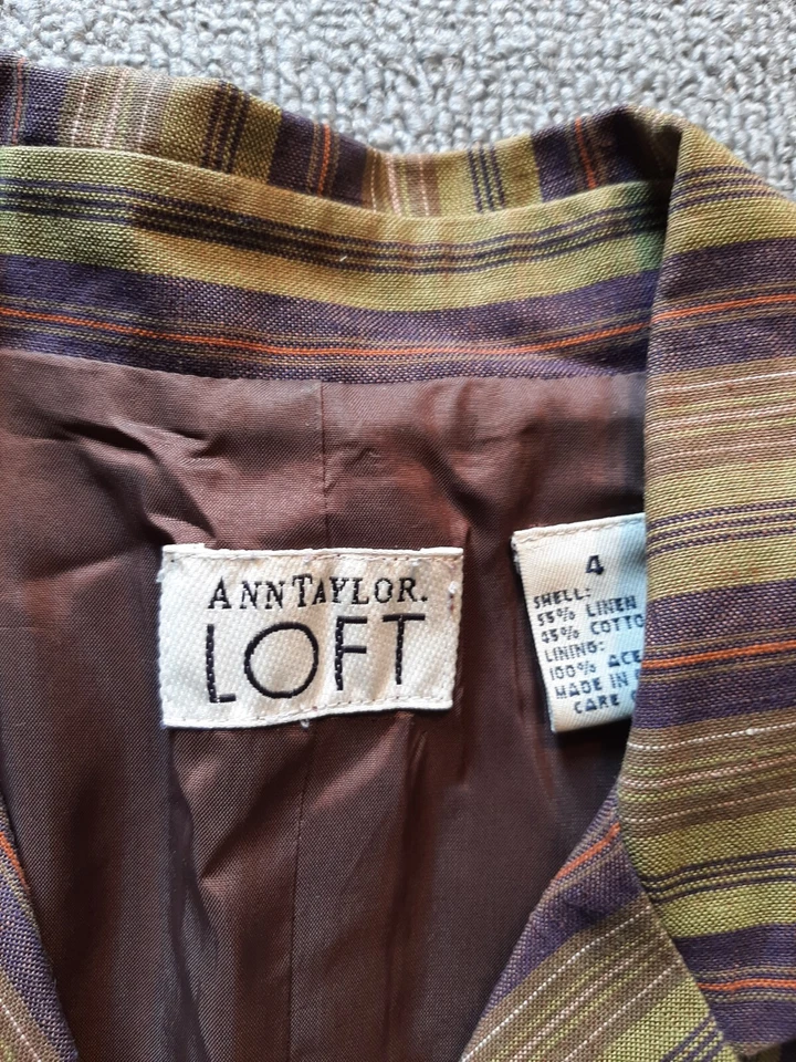 Blazer Ann Taylor Loft Mujer Talla 4 Lino Algodón Púrpura Rayas 2 Botones Foto 2 de 4