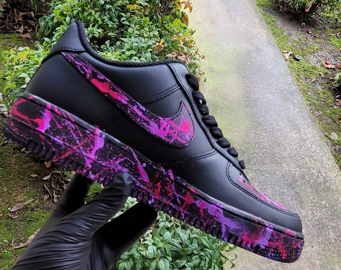 Air Force 1 Custom Purple 🟣 Pink 🌸 Neon Splatter Swoosh Black