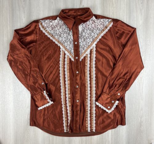 Vintage Rockmount Ranch Wear Button Down Shirt Lace Satin Rockabilly Size 38 USA