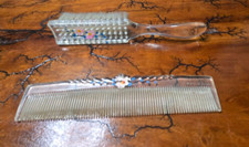 Vtg 1950s DuPont Baby Brush Comb Set Clear Acrylic Lucite Hand Painted Flowers