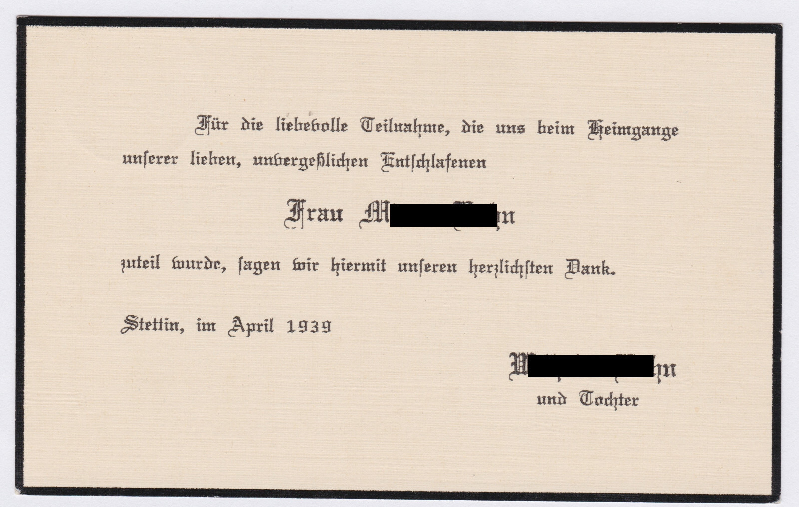 Dankeskarte / Danksagung nach Trauerfall - Stettin April 1939