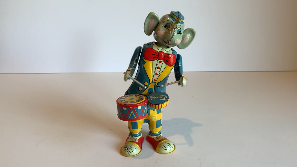 VINTAGE Rare Tim TK Fossil Elephant Playing Drums Wind Up WORKS