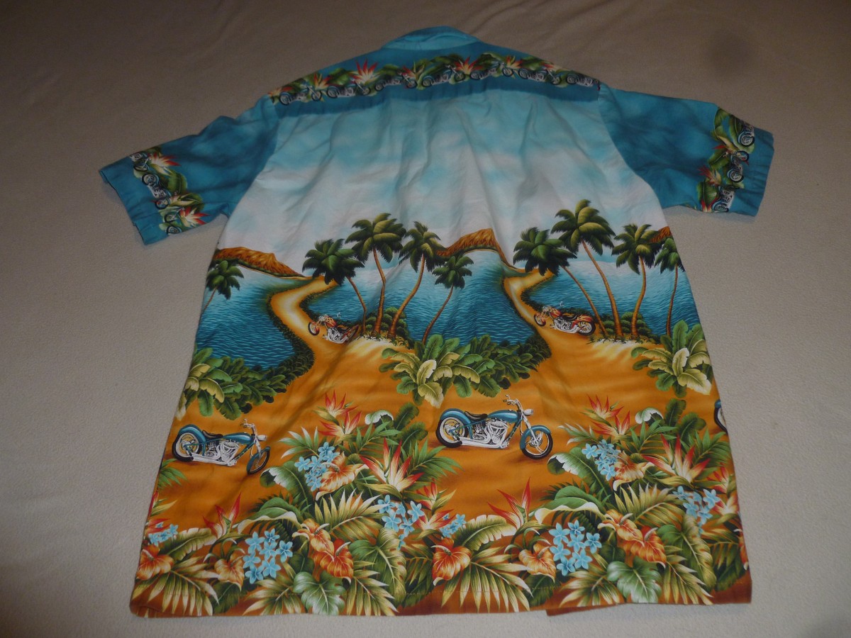 NANILOA HAWAIIAN SHIRT SIZE XL MOTORCYCLES PALM TREES MENS FLORAL