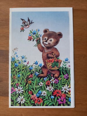 Grußkarte - UdSSR - Teddybär, Vogel, Blumen, Korb - gefaltet, 1990
