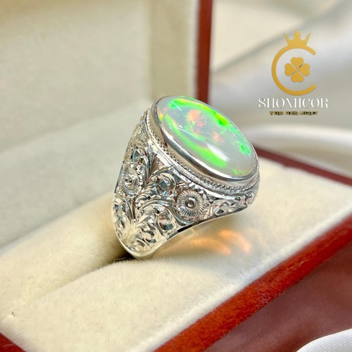 Ethiopian Opal Ring for Men – Hand Engraved, Unique 925 Sterling Silver Craft - Picture 2 of 5