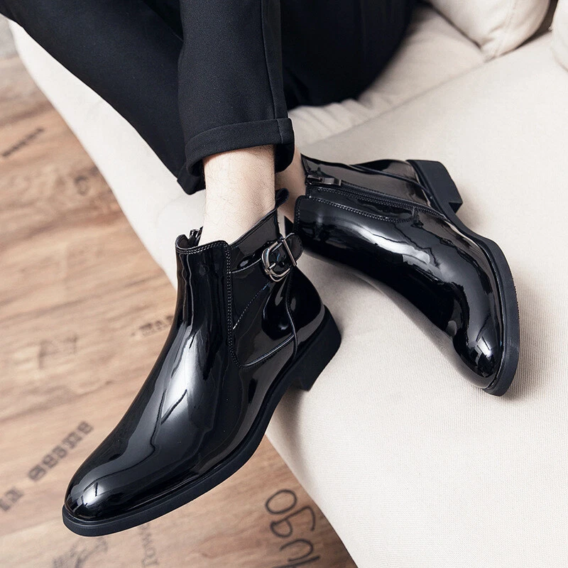British Spring fall Men s Shoes High Top Work Ankle Boots Patent Leather Glossy