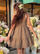 Plus-size casual 1920s Gothic-style vacation checkered tank dress
