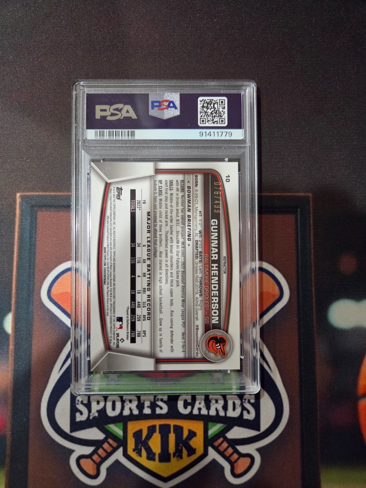 2023 Bowman Chrome GUNNAR HENDERSON Refractor RC /499 PSA 10 Rookie view 2