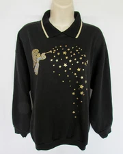WOMANS PL black gold star angel collar long sleeve HOLIDAY CHRISTMAS PULLOVER