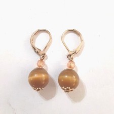 Gold Cats Tiger's Eye Bead Dangle Earrings 1 Inch Lever back