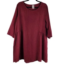 Match Point M Linen Tunic Top Dress Burgundy Boho Cottagecore Lagenlook USA 