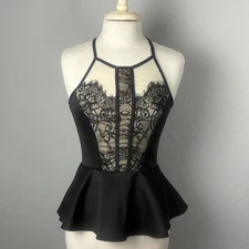 Vintage Y2K Charlotte Russe Top L Black Lace Peplum Coquette Whimsigoth Fairy