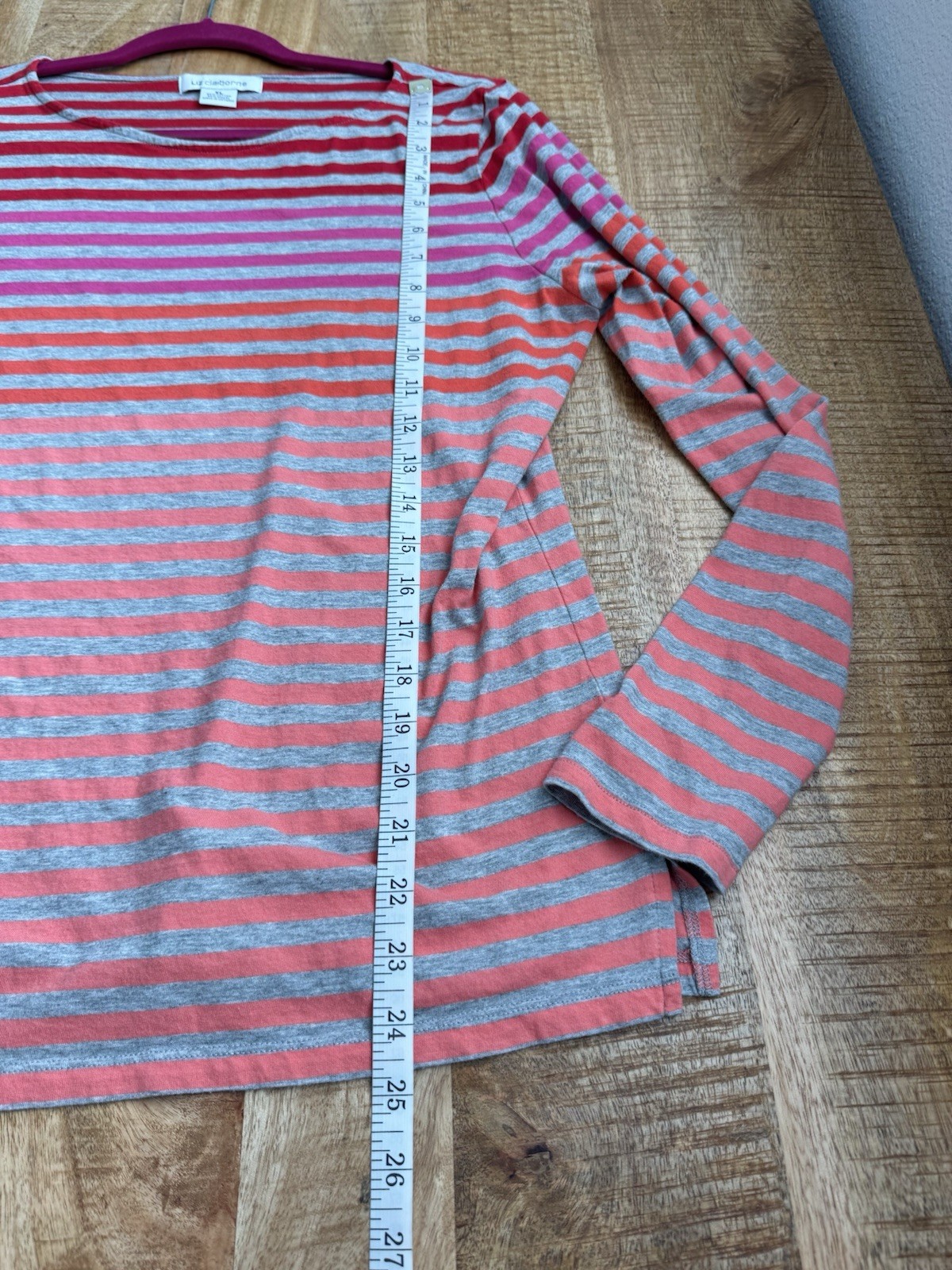 Liz Claiborne Women's Red Pink Long Sleeve Ombre Striped Pullover Tee Shirt XL