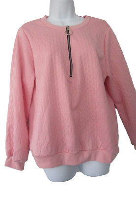 Women Medium Top Pink Textured Knit Long Sleeve Pullover W/1/4 Zip