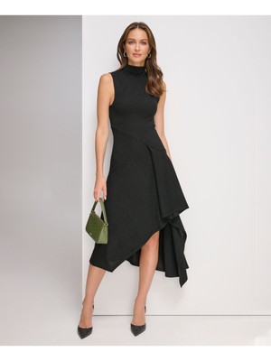 DKNY Womens Black Knit Handkerchief Hem Lined Sleeveless Midi Dress L