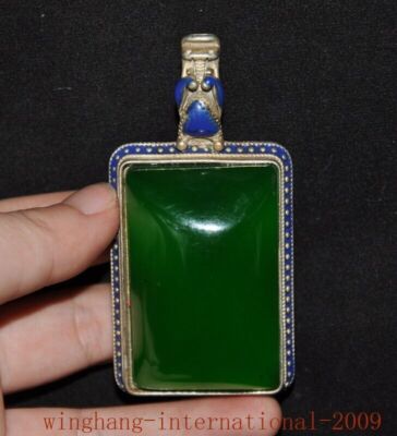 China Tibetan silver inlay green jade Clothes Belt buckle