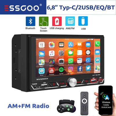 Autoradio 2 DIN Wireless Apple Carplay Android Auto AM FM Type-C Bluetooth 2 USB