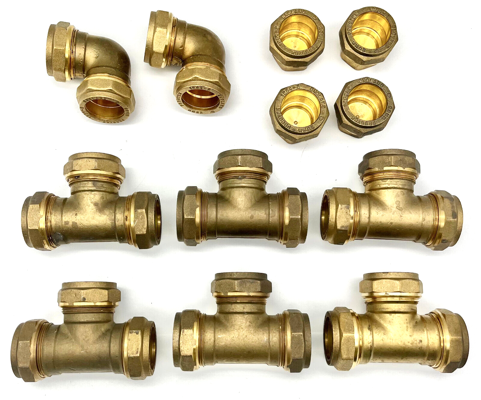 12 x Pegler Prestex 28mm brass compression job lot. Elbows, end caps, tees