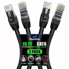 Maximm Cat 6 Ethernet Cable 15 ft 2-Pack - High-Speed LAN Cable Internet Cabl...