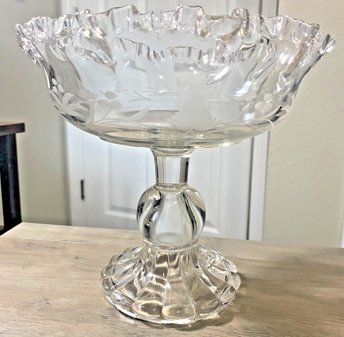 Vintage Ruffled Etched Glass Candy Dish with Pedestal Foot 8.5 Inches