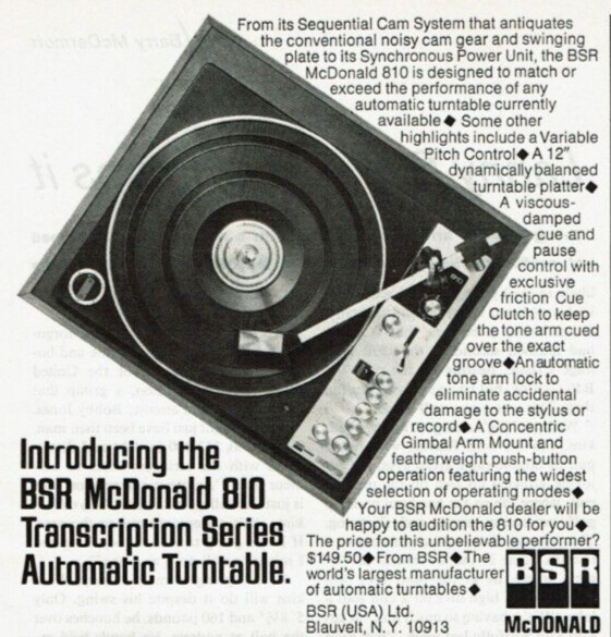 1972 Vintage Print Ad Introducing the BSR McDonald 810 Transcription Turntable