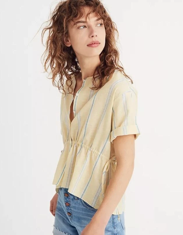 Madewell XXS Yellow Drawstring Waist Shirt Stripe Short Sleeve Button Down Women