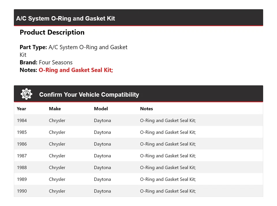Kit de junta tórica y junta sistema de aire acondicionado Chrysler Daytona 1984-1990 4 estaciones 1985 Foto 2 de 4