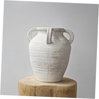Rustic White Ceramic Vintage Farmhouse Vase with 4 Handles, 9.7 Inch Clay 